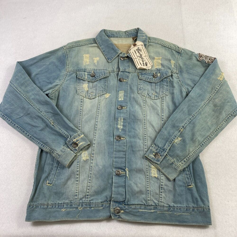 Vintage Escapism Denim‎ Jacket Mens 2XL Blue Denim Distressed Grunge Hip Hop Y2K
